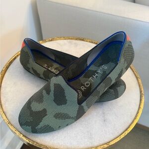 Rothy's Green Camouflage Flats with Blue Trim